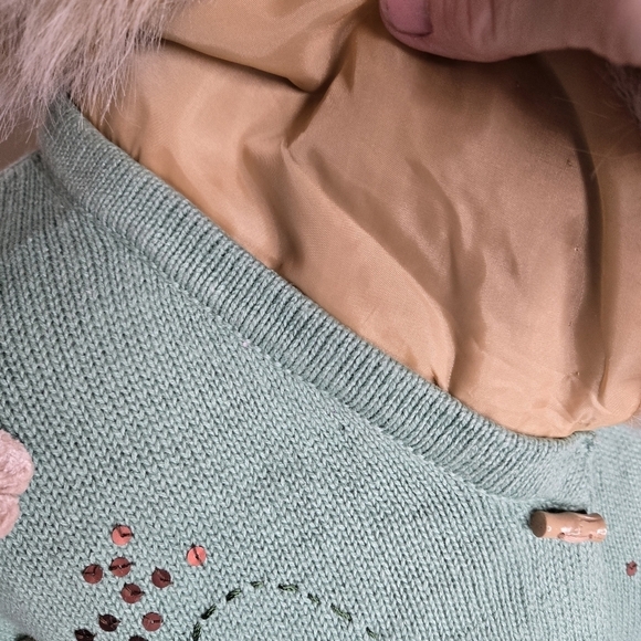 Vintage Storybook Knits Womens Mint Green Cardigan Floral Sz M Faux Fur Collar - Picture 7 of 13